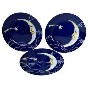 3 Fitz and Floyd Blue Stardust Moon Stars Salad Plates